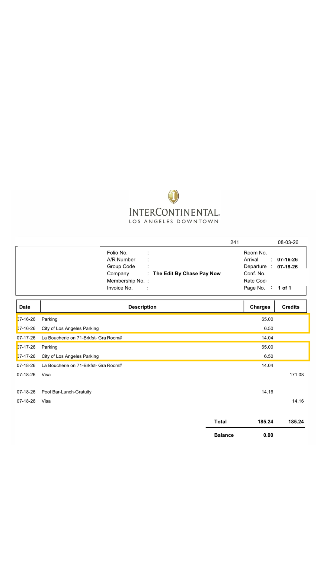Redacted InterContinental Los Angeles hotel folio with the nightly parking charges highlighted