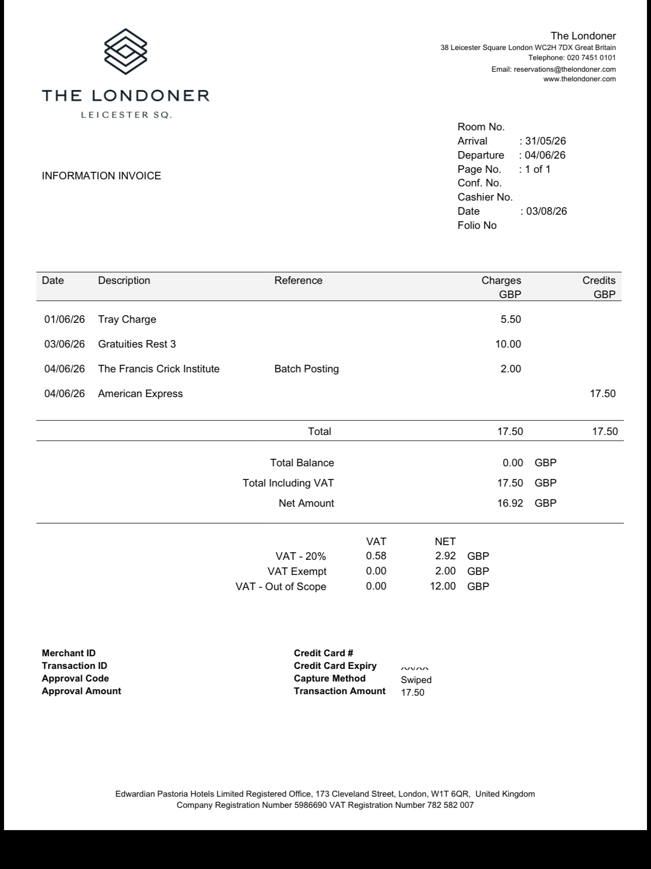Redacted folio from The Londoner hotel showing the blended nightly rate